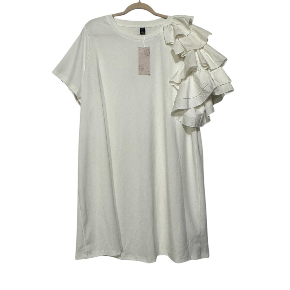 Emery Rose NWT White‎ Cream Ruffle Sleeve Crew Neck Shift Dress Short Dress 4XL